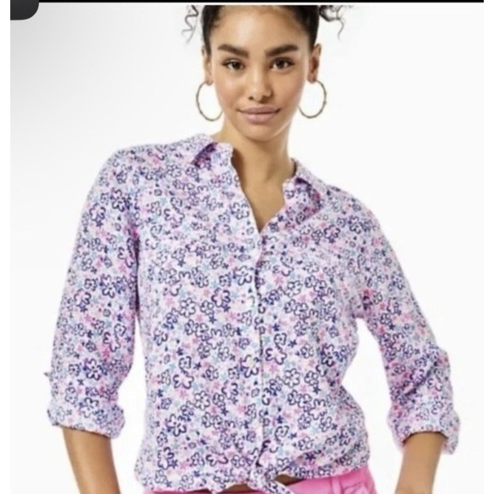 Lilly Pulitzer‎  Sea View Button Down Fun Sun Repeat Ditsy Size L Linen Coastal